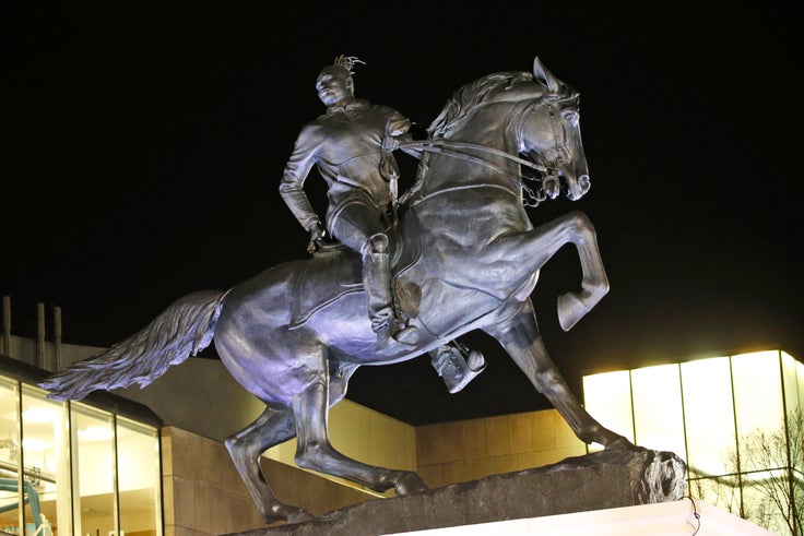 The statue titled "Rumors of War" by artist Kehinde Wiley is fully unveiled at the Virginia Museum of Fine Arts in Richmond, Virginia, Tuesday, Dec. 10, 2019.