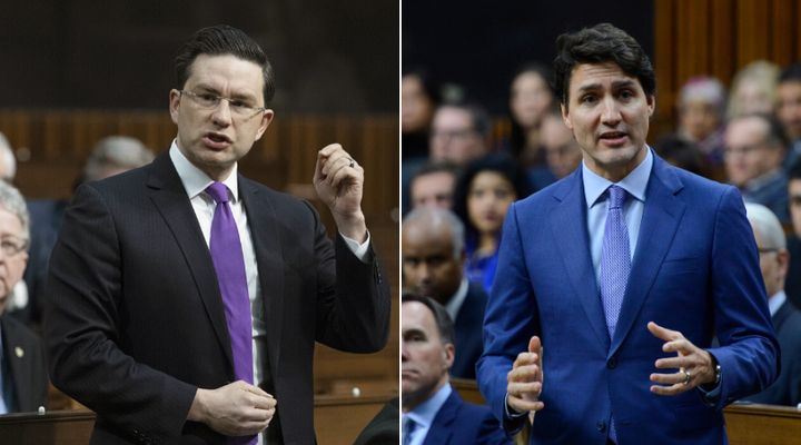 Conservative MP Pierre Poilievre and Prime Minister Justin Trudeau are shown in the House of Commons on Dec. 11, 2019.