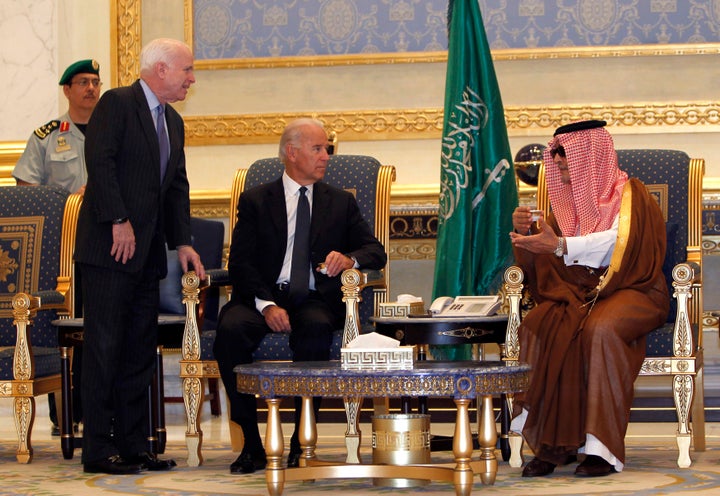 (Left to right) Sen. John McCain, Vice President Joe Biden and Saudi Foreign Minister Prince Saud Al-Faisal meet at Riyadh airbase on Oct. 27, 2011. Biden led a U.S. delegation to offer condolences on the death of Crown Prince Sultan bin Abdul-Aziz Al Saud.