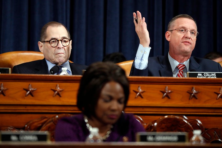 House Judiciary Committee ranking member Doug Collins (R-Ga.), right, gives his opening statement as Chairman Jerry Nadler (D-N.Y.) presides over a House Judiciary Committee markup of the articles of impeachment against President Donald Trump. 