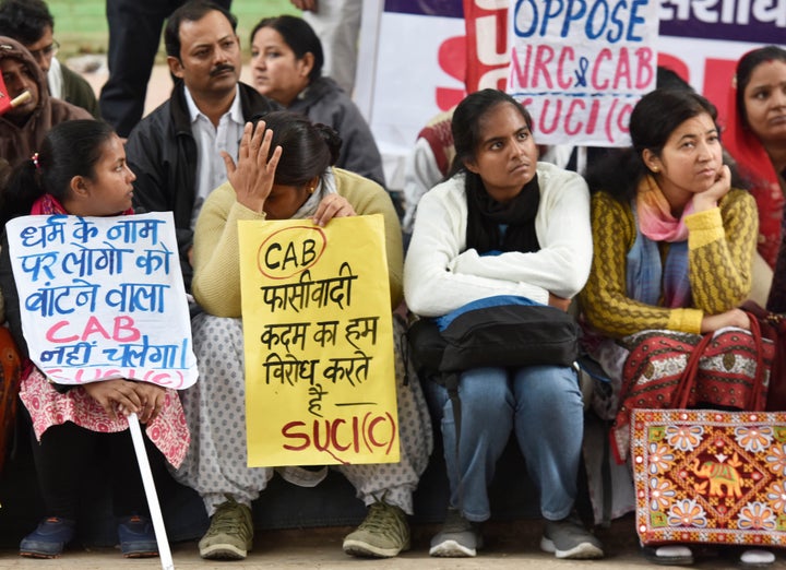 People from the northeastern states and CPI (M) workers during a protest against the government and the Citizenship Amendment Bill (CAB), on December 11, 2019 in New Delhi.