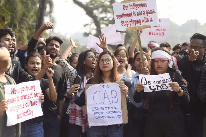 Protestor shout slogans during their march against the Citizenship (Amendment) Bill, 2019, in Guwahati,India, Dec. 11, 2019. 