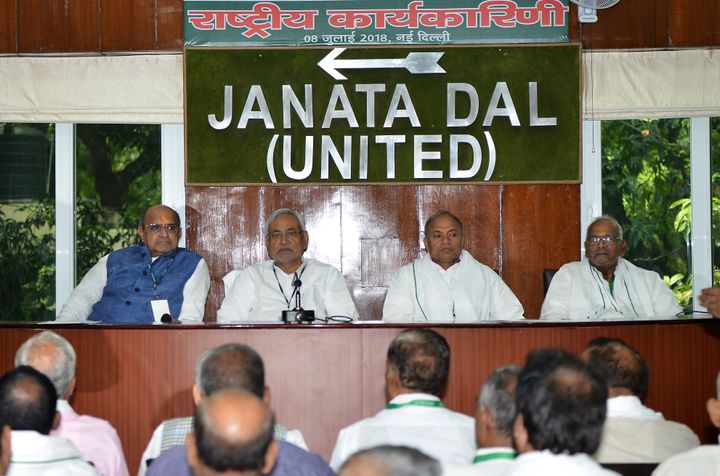Bihar Chief Minister and JDU Chief Nitish Kumar (second from left), General Secretary K. C. Tyagi (left) and other leaders during the party's 'National Executive' meet in New Delhi. 