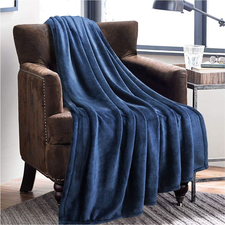 Bedsure Flannel Fleece Throw Blankets Navy Blue Travel Size, Amazon
