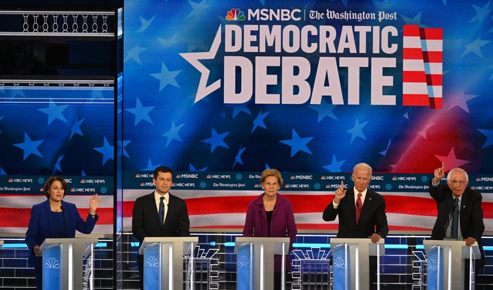 Presidential candidates Sen. Amy Klobuchar (D-Minn.), South Bend, Indiana, Mayor Pete Buttigieg, Sen. Elizabeth Warren (D-Mass.), former Vice President Joe Biden and Sen. Bernie Sanders (I-Vt.) during the Washington Post and MSNBC fifth Democratic presidential primary debate on Nov. 20, 2019 in Atlanta, Georgia.