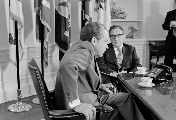 In this Oct. 9, 1973, file photo, President Richard Nixon meets Secretary of State Henry Kissinger in the Oval Office of the White House in Washington.