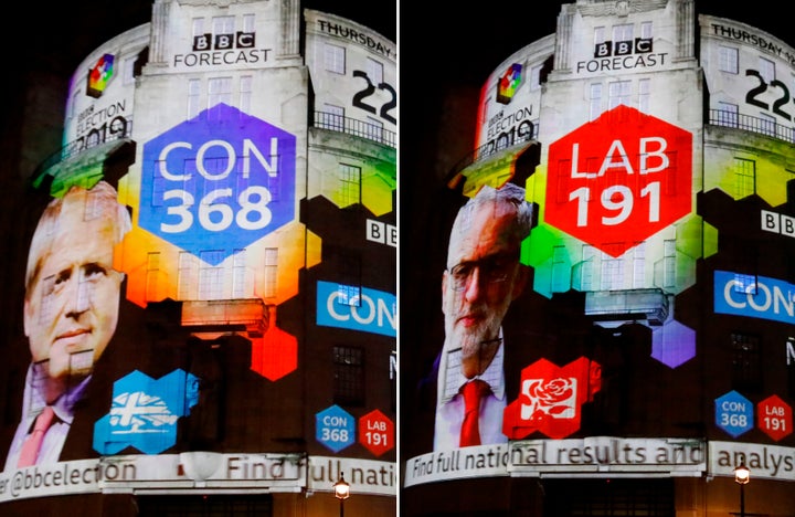 A combination of pictures shows the broadcaster's exit poll results with Britain's Prime Minister Boris Johnson's Conservative Party winning 368 seats (L) and Jeremy Corbyn's Labour Party winning 191 seats, on the outside of the BBC building in London, as the ballots begin to be counted in the general election, on December 12, 2019. (Photo by Tolga AKMEN / AFP) (Photo by TOLGA AKMEN/AFP via Getty Images)