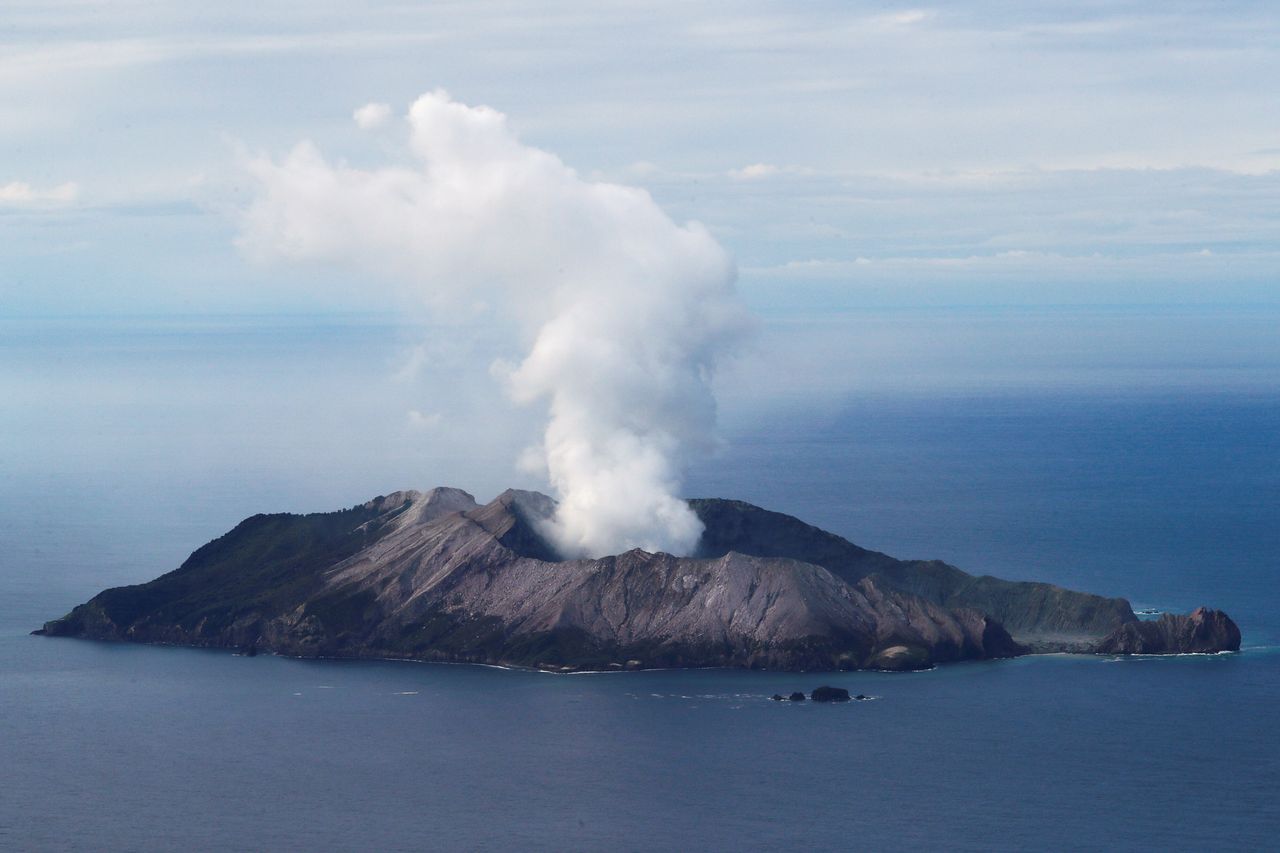 An aerial view of the Whakaari, also known as White Island volcano