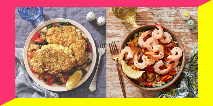 The first of the WW-approved recipes on Blue Apron's menu include parmesan-crusted cauliflower steaks (left) and Veracruz-style shrimp and veggies with brown rice (right).