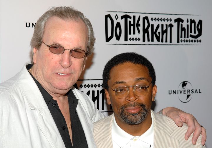 FILE - In this June 29, 2009 file photo, Director Spike Lee, right, and actor Danny Aiello attend a special 20th anniversary screening of "Do the Right Thing", in New York. Aiello, the blue-collar character actor whose long career playing tough guys included roles in “Fort Apache, the Bronx,” "The Godfather, Part II," “Once Upon a Time in America” and his Oscar-nominated performance as a pizza man in Spike Lee’s "Do the Right Thing," has died. He was 86. Aiello died Thursday, Dec. 12, 2019 after a brief illness, said his publicist, Tracey Miller. (AP Photo/Peter Kramer, File)