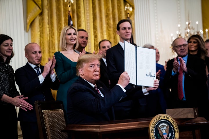 President Donald J. Trump speaks at a Hanukkah Reception and participates in the signing of an executive order combating Anti-Semitism in the East Room at the White House on Wednesday, Dec 11, 2019 in Washington, DC.