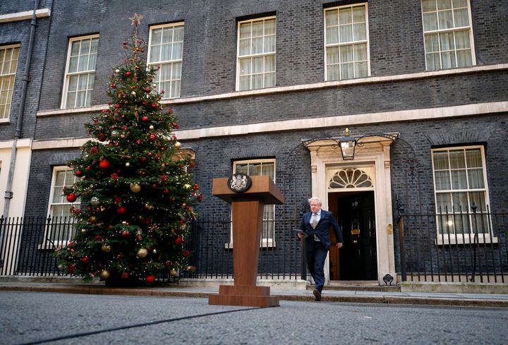 Boris Johnson arrives to speak outside 10 Downing Street in London on Friday.