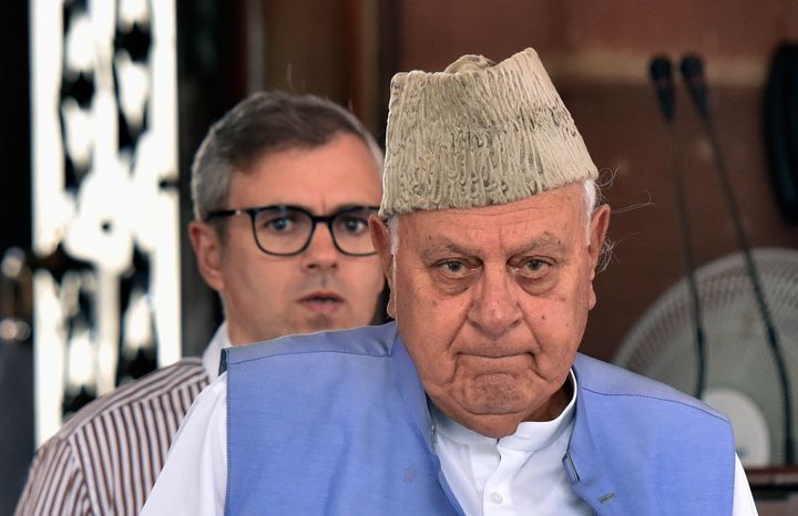 National Conference's Farooq Abdullah and his son Omar Abdullah at Parliament House, on June 25, 2019 in New Delhi.