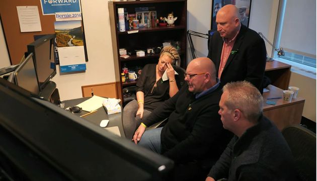 Video grab taken from ITV News of Harry Dunn's mother, Charlotte Charles and father Tim Dunn (front row centre) viewing footage by ITV News of Anne Sacoolas at the wheel of her car reversing out of a driveway before pulling away.