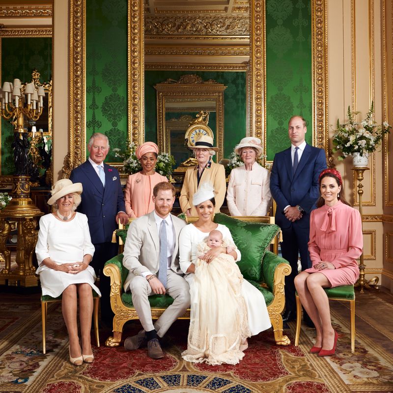 This official christening photograph released by the duke and duchess shows Harry and Meghan with their son, Archie, and other members of the royal family.