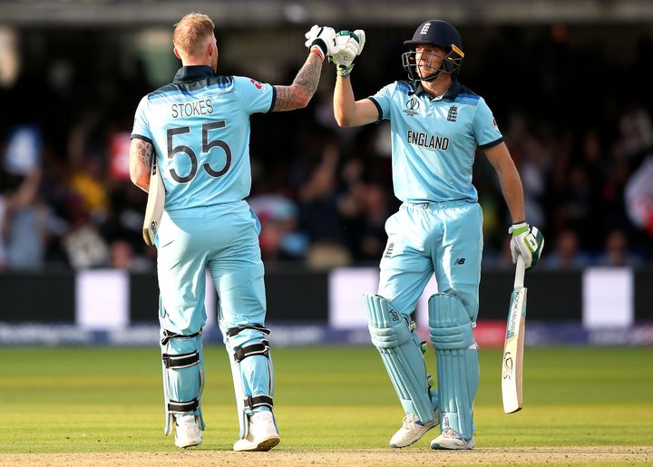 England's Ben Stokes and Jos Buttler after the Super Over during the ICC World Cup Final at Lord's, London.