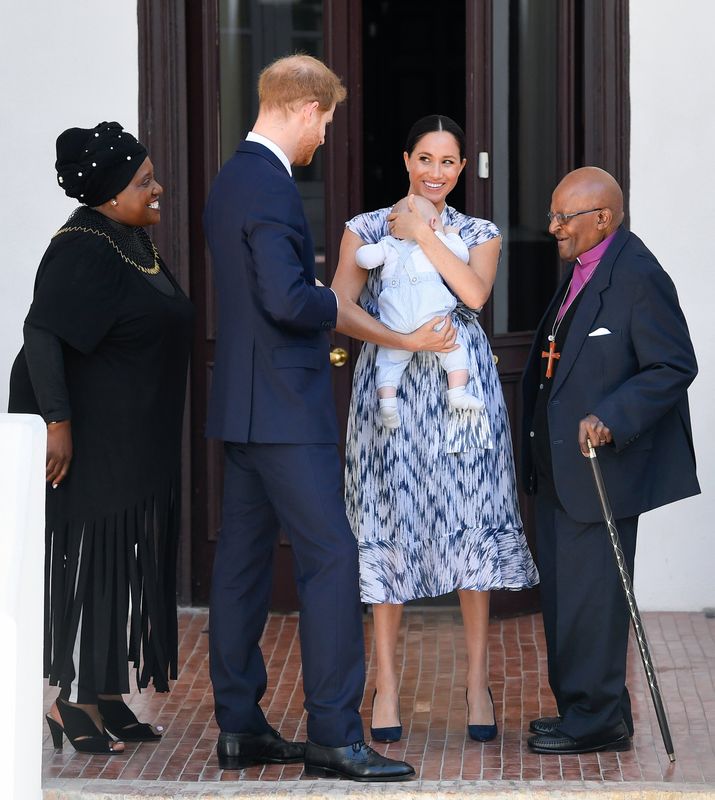 Harry, Meghan and their baby son, Archie Mountbatten-Windsor, meet Archbishop Desmond Tutu and his daughter Thandeka Tutu-Gxashe at the Desmond &amp; Leah Tutu Legacy Foundation during their royal tour of South Africa.