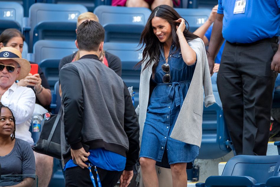 Meghan is greeted by Alexis Ohanian, Serena Williams' husband, as she arrives at the team box to watch Williams during the U.S. Open tennis tournament in New York City.