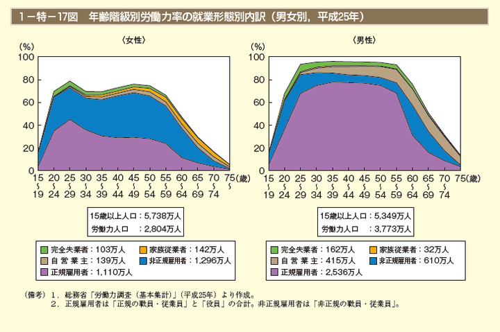 年齢階級別労働力率の就業形態別内訳（男女別，2013年）