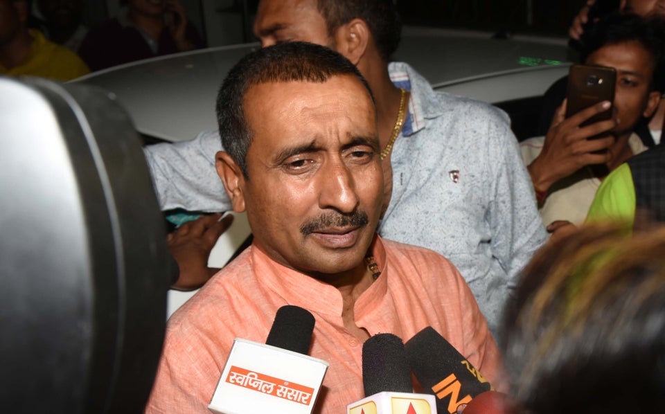 Former BJP MLA Kuldeep Singh Senga speaks to media personnel outside the SSP office, on April 11, 2018...