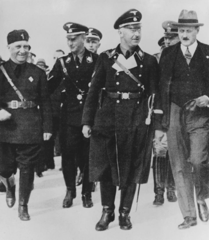 Henrich Himmler visiting Rome with Reinhard Heydrich on his right and the ambassador Ulrich von Hassell on his left, October 1936