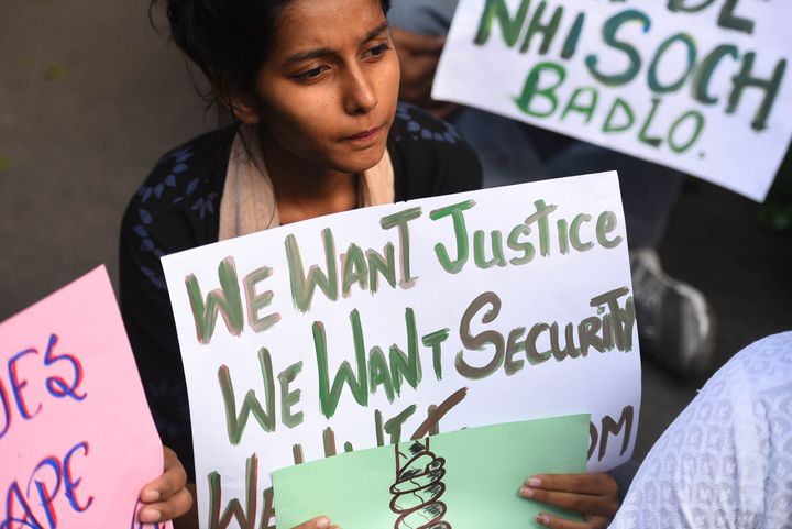 Students protest after a rape case of a veterinary doctor in Hyderabad, on November 30, 2019 in New Delhi.