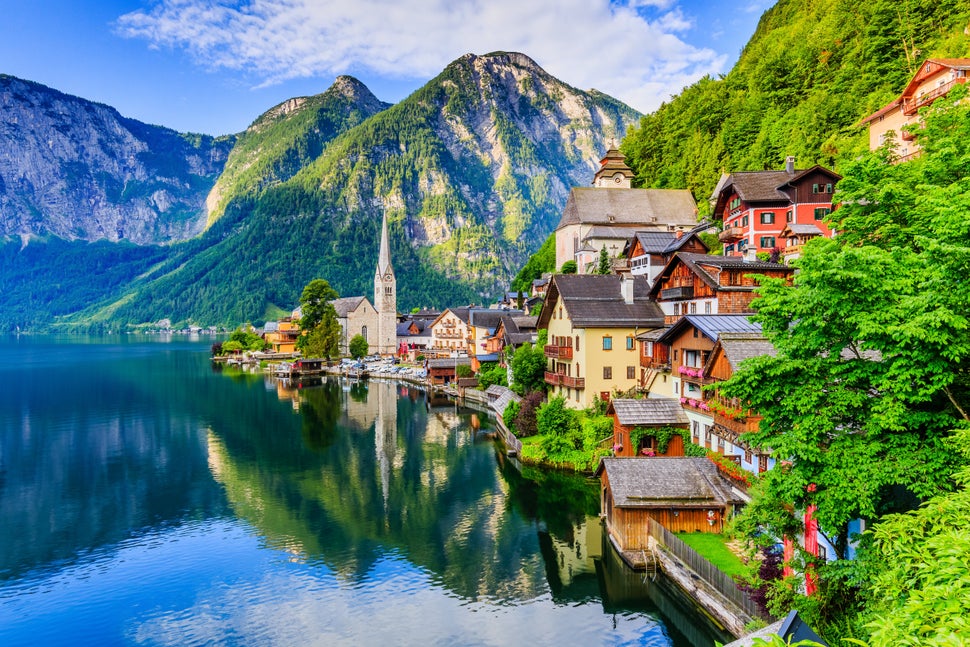 Hallstatt, Austria. Mountain village in the Austrian Alps at sunrise.