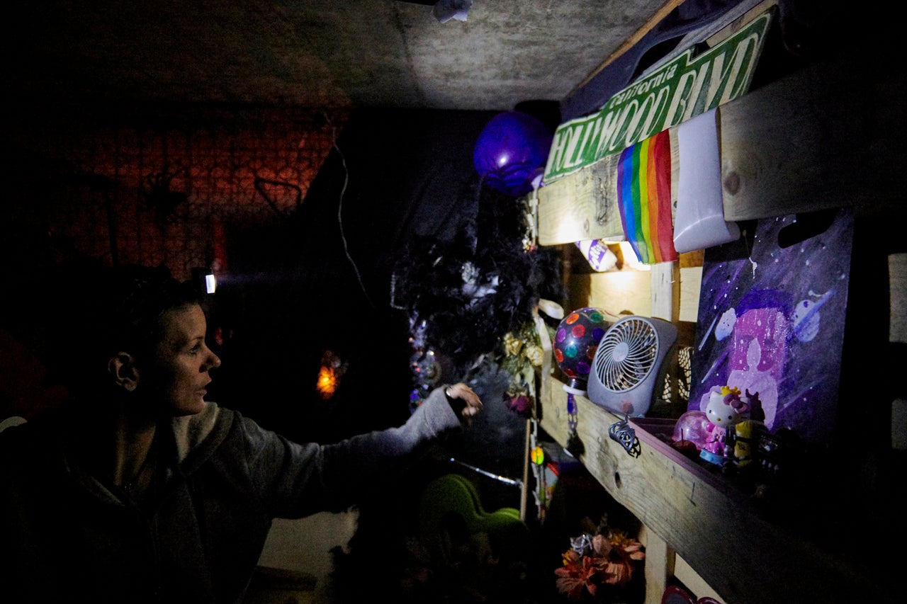 Amanda, who is in her thirties and from Minnesota, shows the space she has built in a tunnel system under Hard Rock Hotel-Casino in Las Vegas, Nevada, on Oct. 9, 2019.