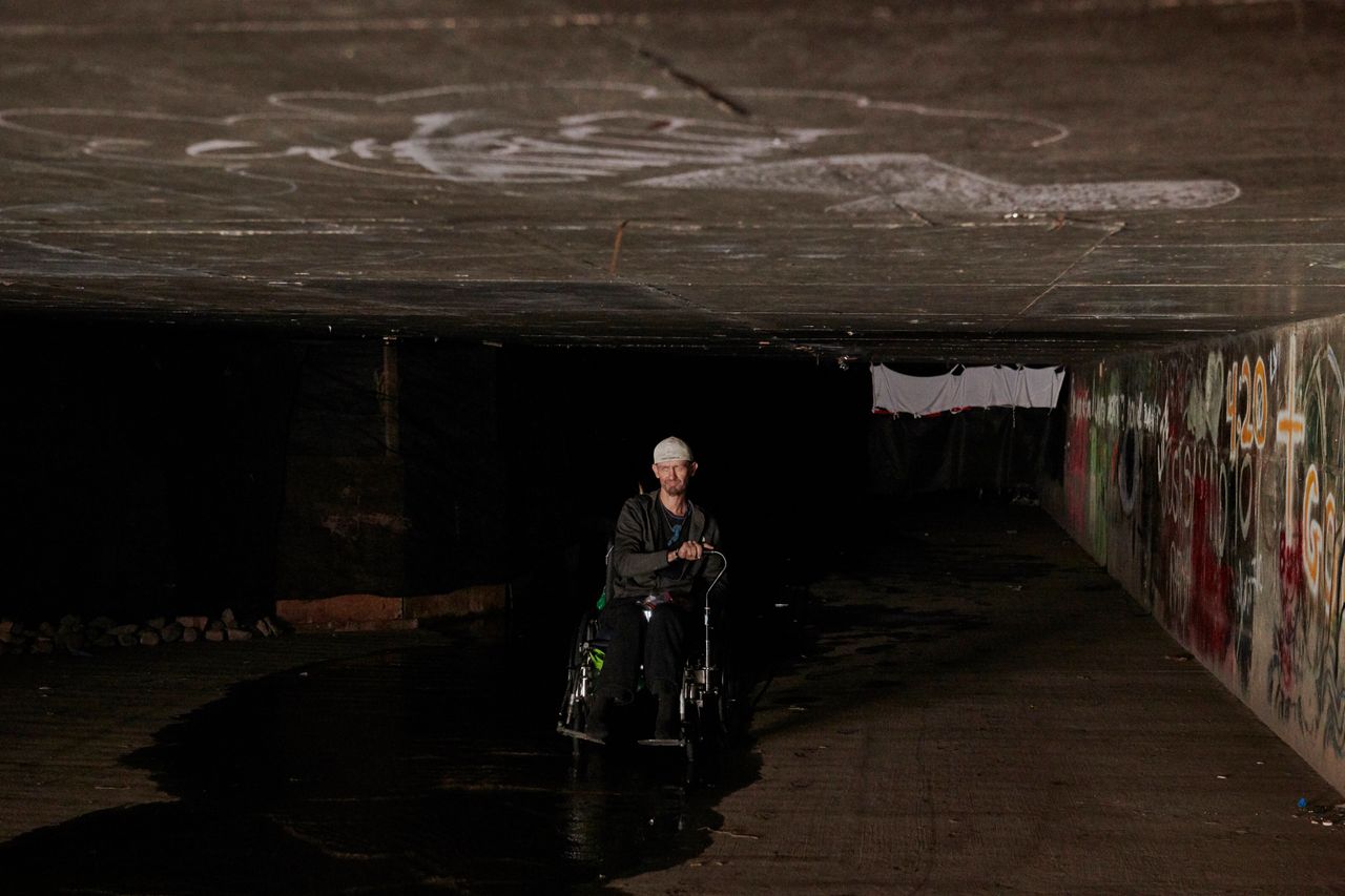A man who calls himself Wheels makes his way out of a tunnel system under Hard Rock Hotel-Casino in Las Vegas, Nevada on Oct. 9, 2019.