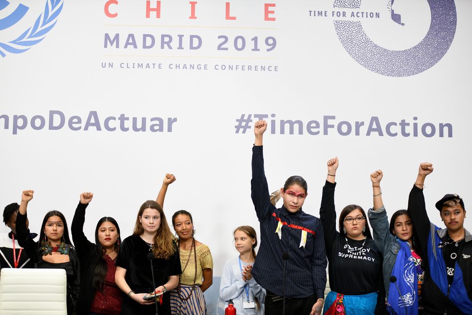Young climate activists, including Greta Thunberg in Madrid for COP25 on December 9, 2019.