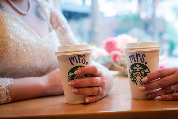 The brides met as baristas at Starbucks.