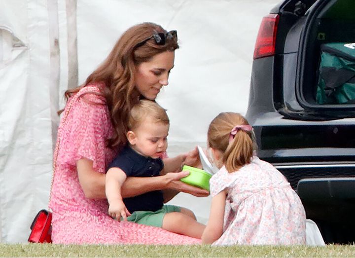  Catherine, Duchess of Cambridge, Prince Louis of Cambridge and Princess Charlotte of Cambridge attend the King Power Royal Charity Polo Match, in which Prince William, Duke of Cambridge and Prince Harry, Duke of Sussex were competing for the Khun Vichai Srivaddhanaprabha Memorial Polo Trophy at Billingbear Polo Club.