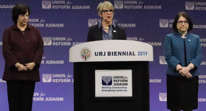 Leaders for the Union for Reform Judaism speak before the passing of a resolution supporting the creation of a federal commission to study and develop proposals for reparations in Chicago on Dec. 13, 2019.