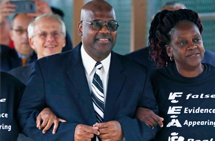 Curtis Flowers, with his sister Priscilla Ward, exits the Winston Choctaw Regional Correctional Facility in Louisville, Mississippi, on Monday. 