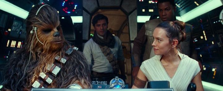 Joonas Suotamo, Oscar Isaac, John Boyega and Daisy Ridley in Star Wars: The Rise of Skywalker