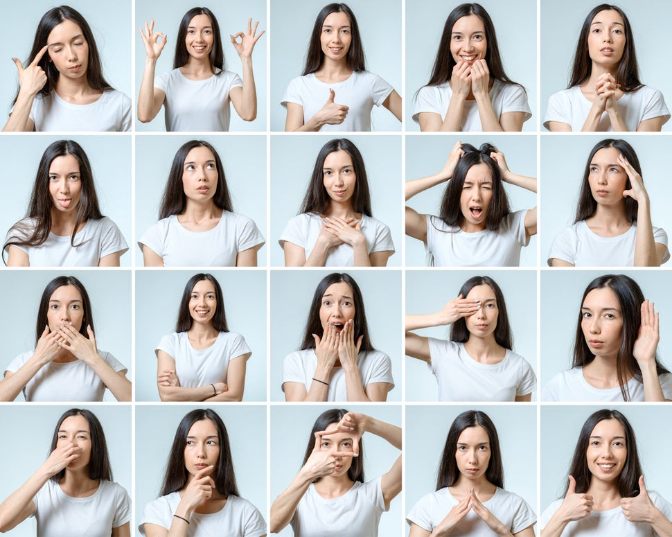 Collage of beautiful girl with different facial expressions isolated