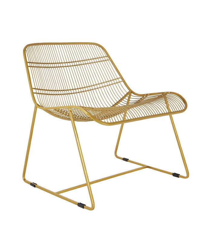 <a href="https://fave.co/34pMF9q" target="_blank" rel="noopener noreferrer">Tabitha Gold Metal Wire Lounge Chair,</a> was £275, now £137.50 (50% off)