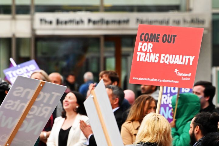 Protesters demonstrate outside the Scottish Parliament for reform of the Gender Recognition Act, in June