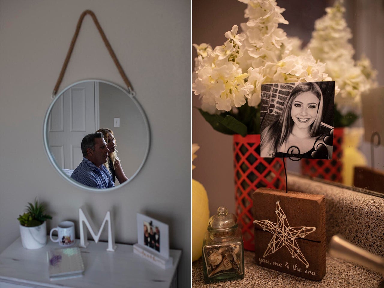 Vince and Miriam sitting in Mia's bedroom (left), and a photo of Mia in the family's home.