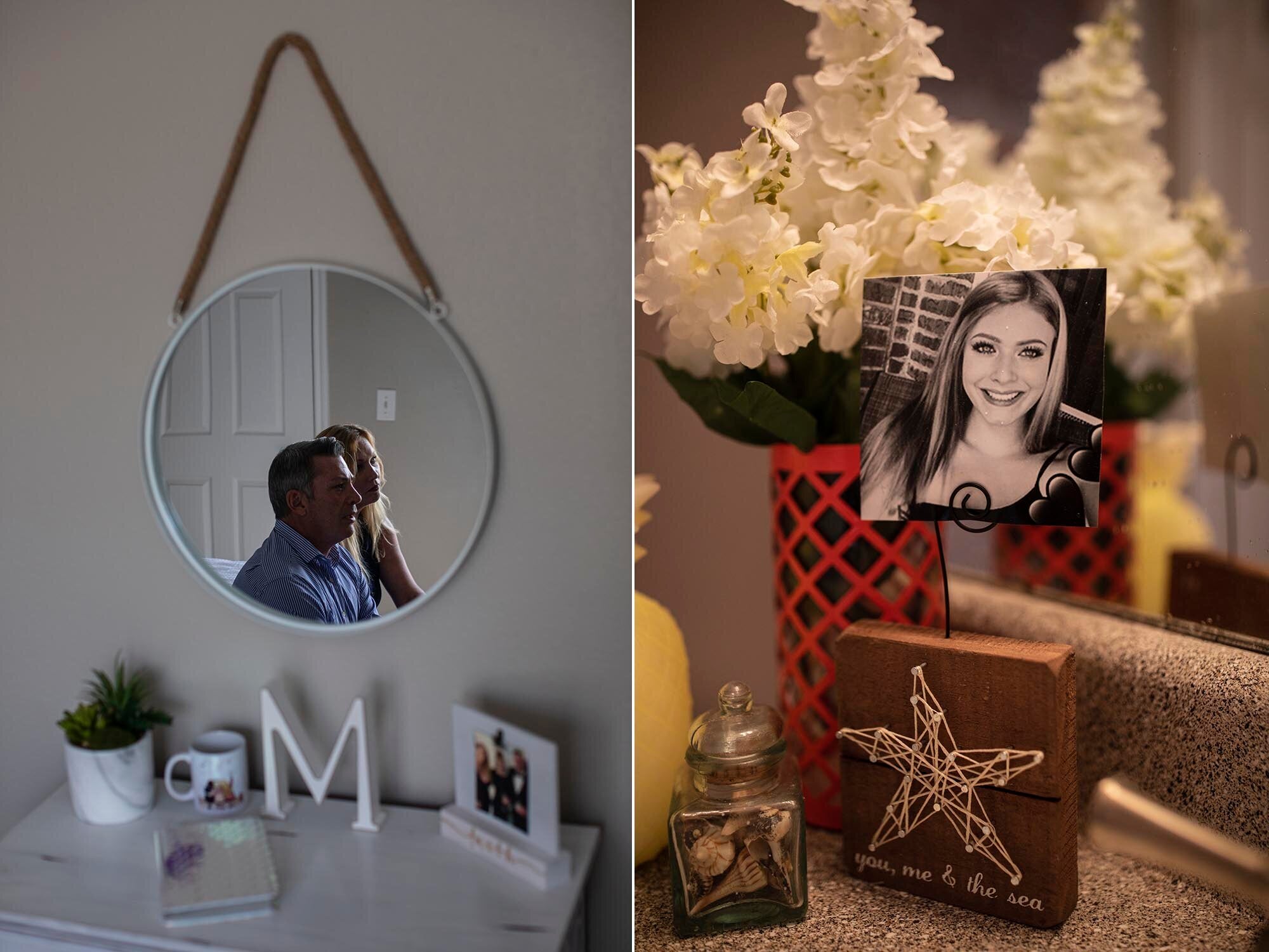 Vince and Miriam sitting in Mia's bedroom (left), and a photo of Mia in the family's home.