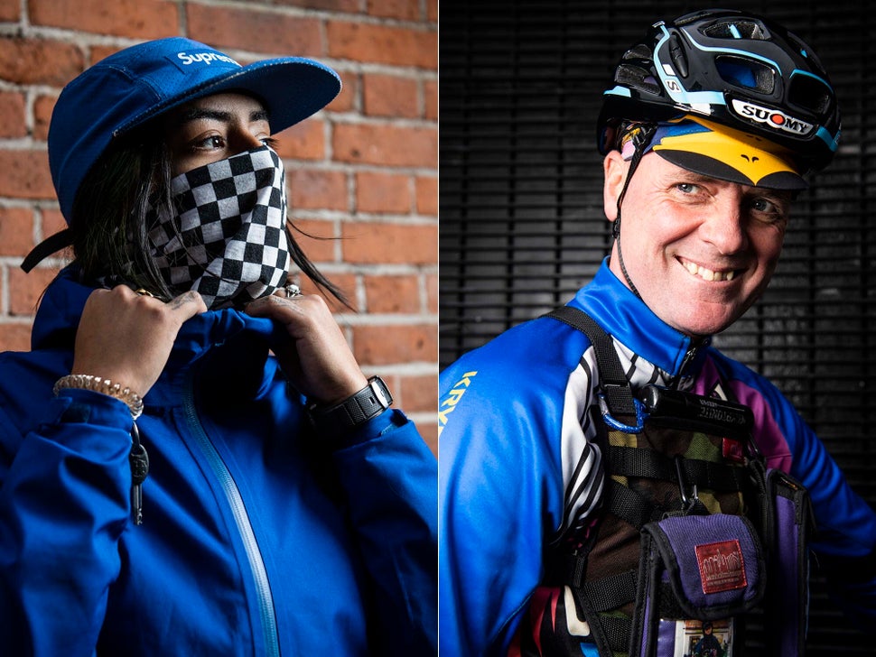 Caro (left) and Kevin Bolger (right) are New York City bike messengers.