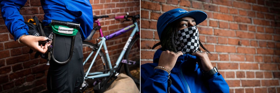 Left: Caro's pants are made from a four-way stretch, water-resistant fabric. Right: Caro's neck gaiter/face mask is from All City Cycles.