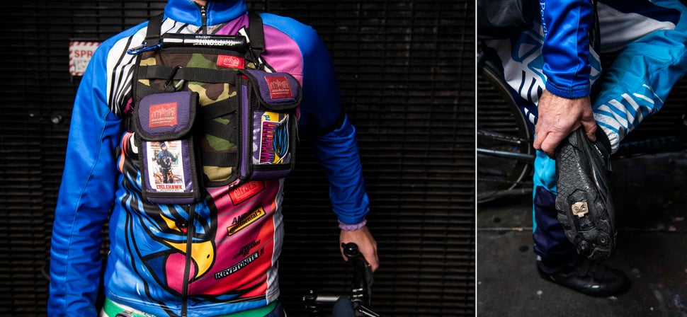 Left: Bolger's cycling jersey has several&nbsp;pockets on the lower back for stowing snacks, phones, extra battery packs or whatever else will fit. Right: Bolger locks into his bike with clipless shoes on dry days.