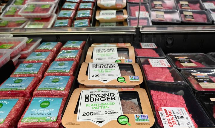 Beyond Meat "Beyond Burger" patties made from plant-based substitutes for meat products sit alongside various packages of ground beef for sale in New York City.