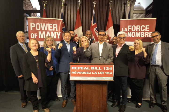 Union leaders announce they'll challenge the Ford government's law that caps raises for public sector workers at Queen's Park in Toronto on Dec. 17, 2019.