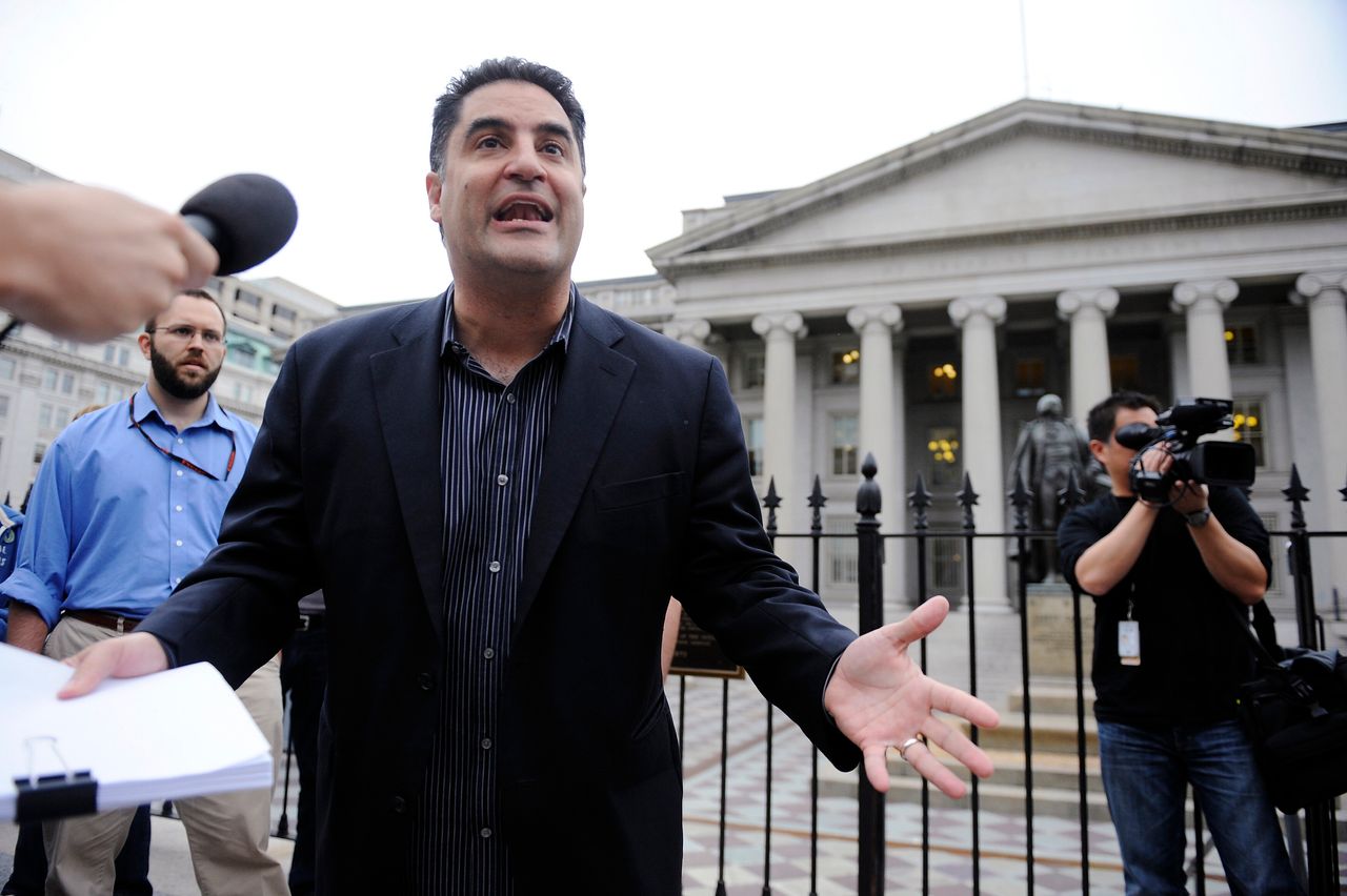 Cenk Uygur leads a protest of government bailout money given to Goldman Sachs in front of the U.S. Treasury building in Washington, D.C., on June 9, 2010. 