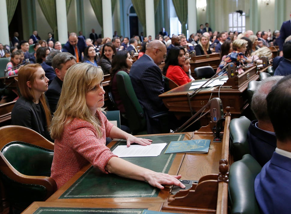 California Assemblywoman Christy Smith casts one of her first votes as a member of the state legislature on Dec. 3, 2018, in