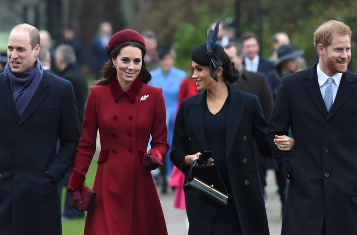 Prince William, Kate Middleton, Meghan Markle and Prince Harry at Christmas Day morning church service at St Mary Magdalene Church in Sandringham, Norfolk in 2018. 