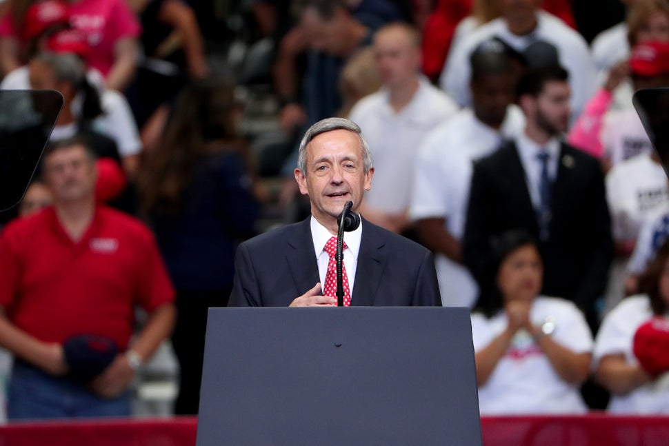 Pastor Robert Jeffress leads the Pledge of Allegiance before Trump speaks during a "Keep America Great" campaign rally in Dal