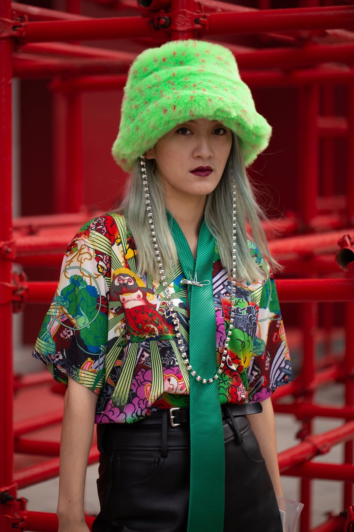 A fuzzy hat worn by an attendee at the Shanghai Fashion Week on Oct. 13.